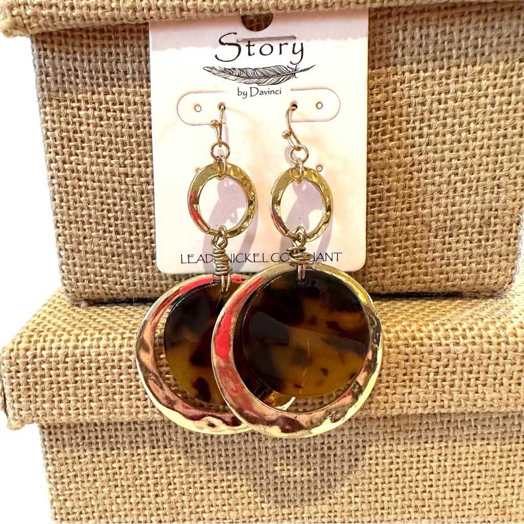 Nwt Story By Davinci Earrings Gold Tone Hammered W Faux Tortoise Circle Dangles 18$